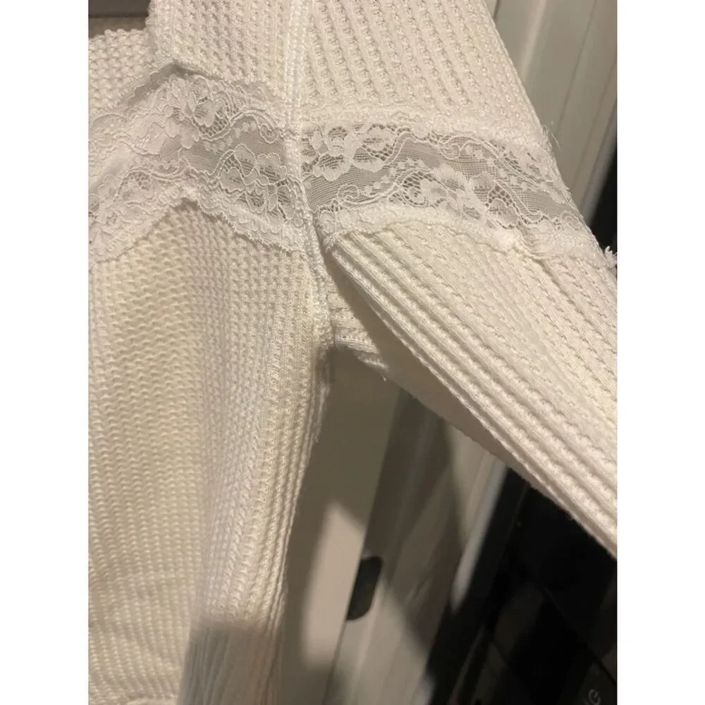 Free People White Lace-Trim Waffle Knit Button Cardigan